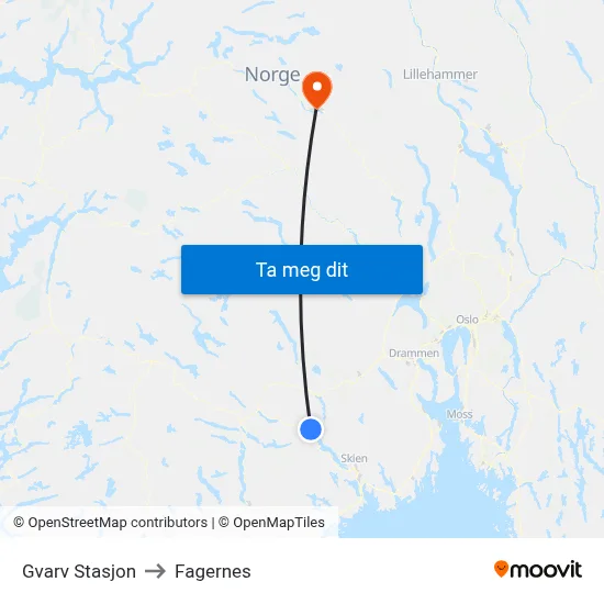Gvarv Stasjon to Fagernes map