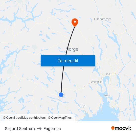 Seljord Sentrum to Fagernes map