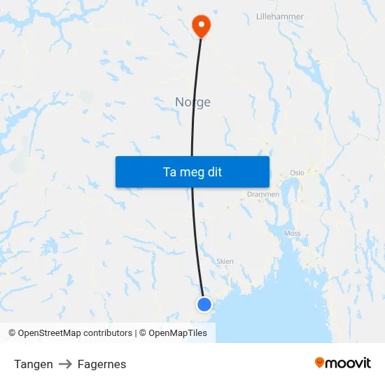 Tangen to Fagernes map