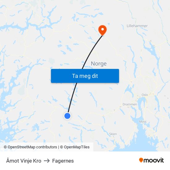 Åmot Vinje Kro to Fagernes map