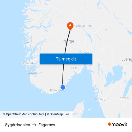 Øygårdsdalen to Fagernes map