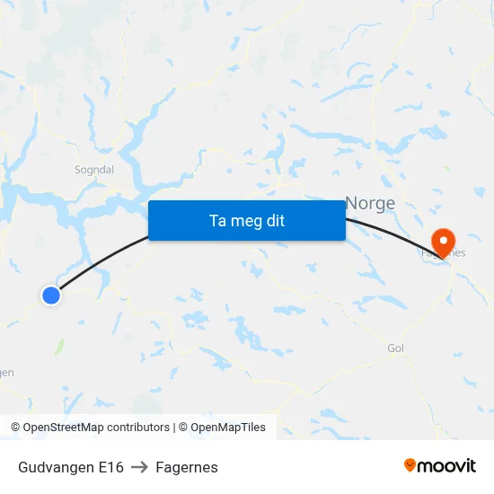 Gudvangen E16 to Fagernes map