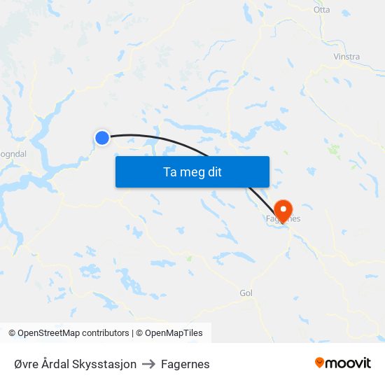 Øvre Årdal Skysstasjon to Fagernes map