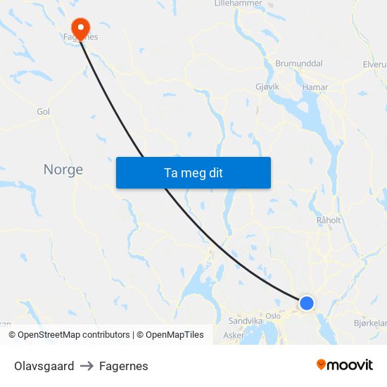 Olavsgaard to Fagernes map
