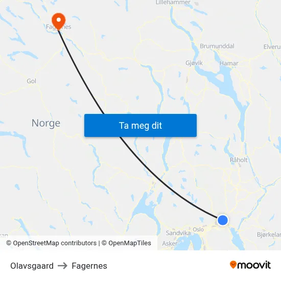 Olavsgaard to Fagernes map