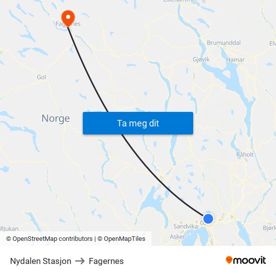 Nydalen Stasjon to Fagernes map