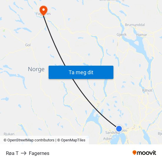 Røa T to Fagernes map