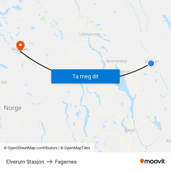 Elverum Stasjon to Fagernes map