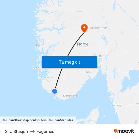 Sira Stasjon to Fagernes map