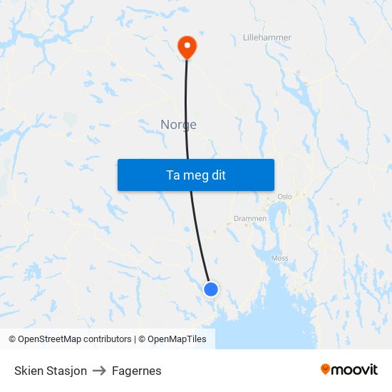 Skien Stasjon to Fagernes map