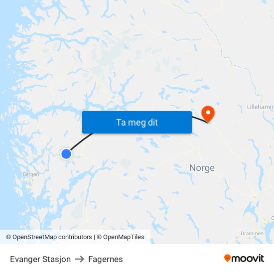 Evanger Stasjon to Fagernes map