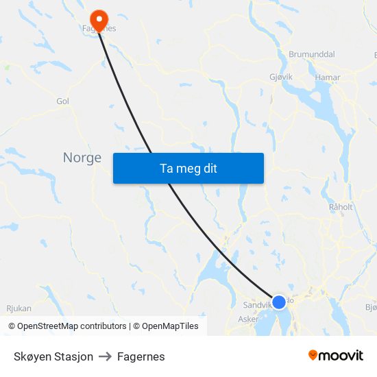 Skøyen Stasjon to Fagernes map