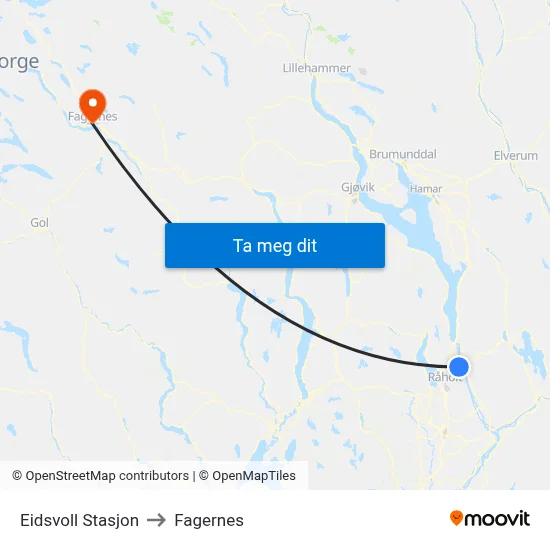 Eidsvoll Stasjon to Fagernes map