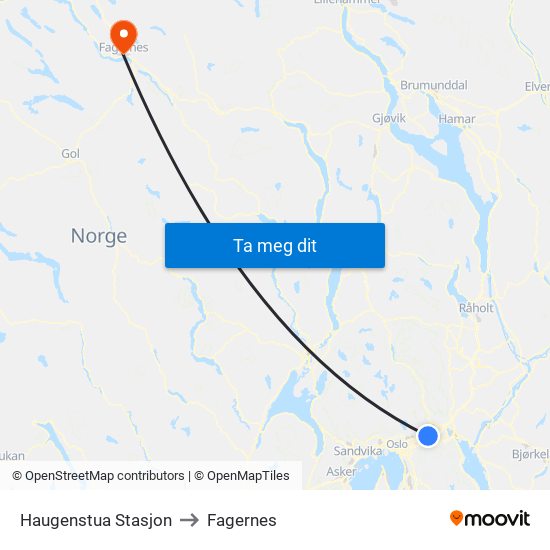 Haugenstua Stasjon to Fagernes map