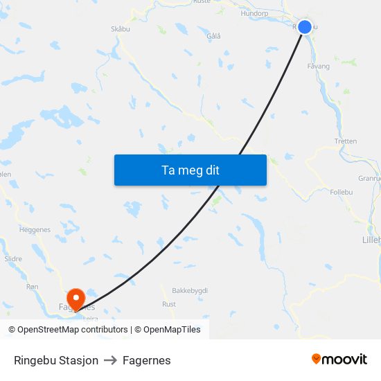 Ringebu Stasjon to Fagernes map