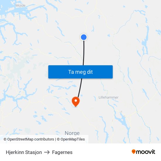 Hjerkinn Stasjon to Fagernes map