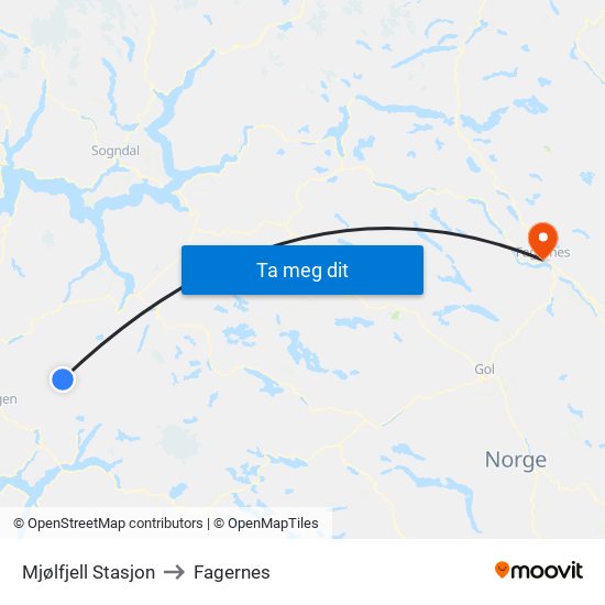 Mjølfjell Stasjon to Fagernes map