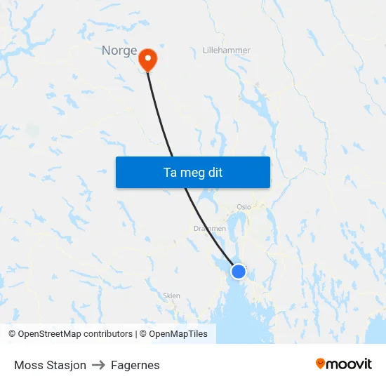 Moss Stasjon to Fagernes map