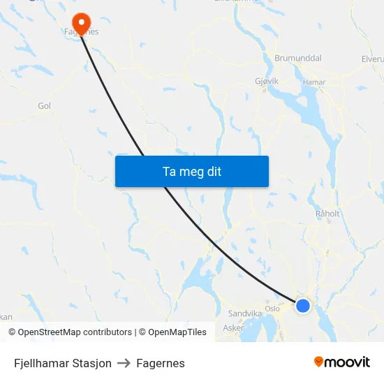 Fjellhamar Stasjon to Fagernes map
