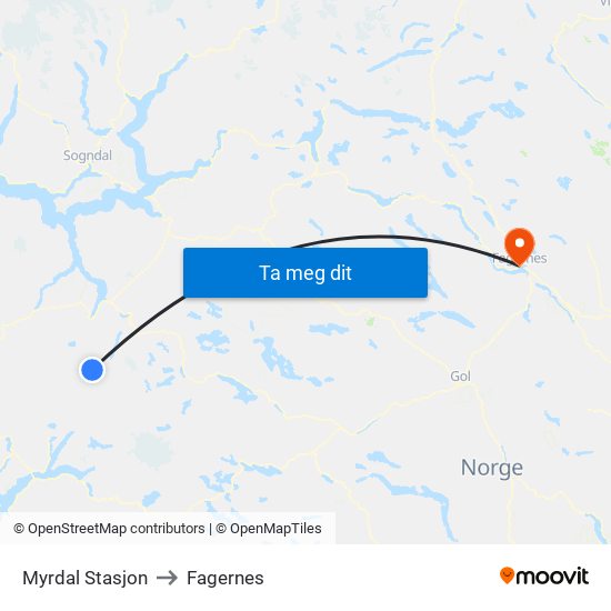 Myrdal Stasjon to Fagernes map