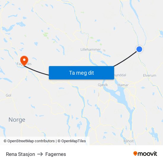 Rena Stasjon to Fagernes map