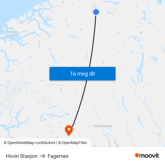Hovin Stasjon to Fagernes map