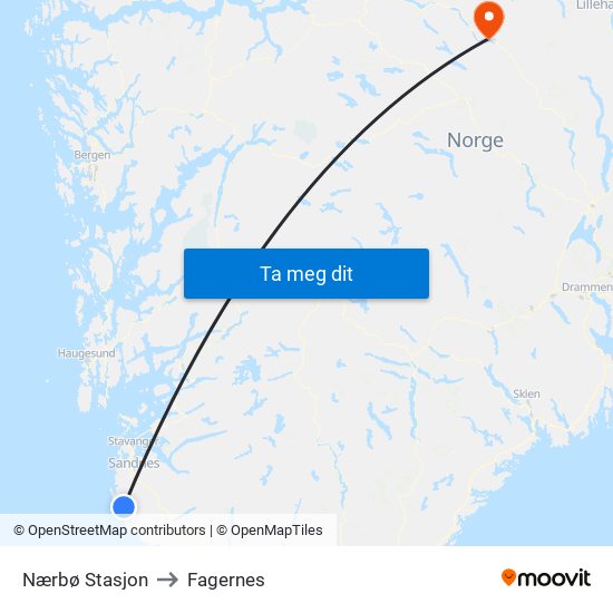 Nærbø Stasjon to Fagernes map