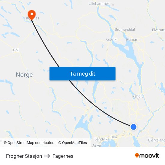 Frogner Stasjon to Fagernes map