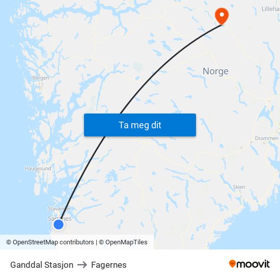 Ganddal Stasjon to Fagernes map