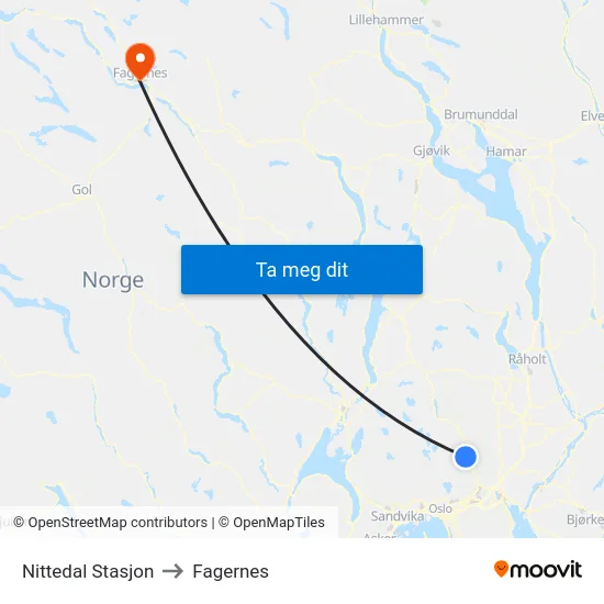 Nittedal Stasjon to Fagernes map