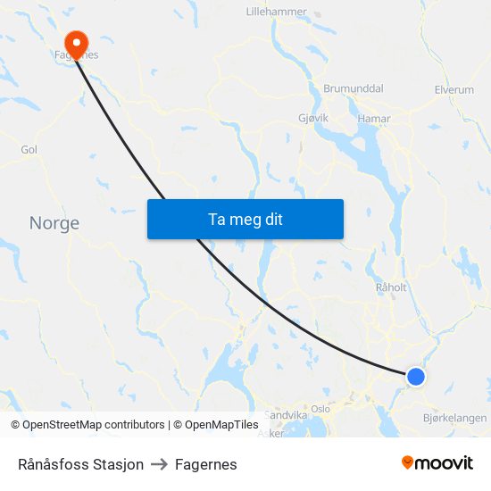 Rånåsfoss Stasjon to Fagernes map