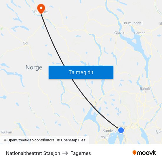 Nationaltheatret Stasjon to Fagernes map