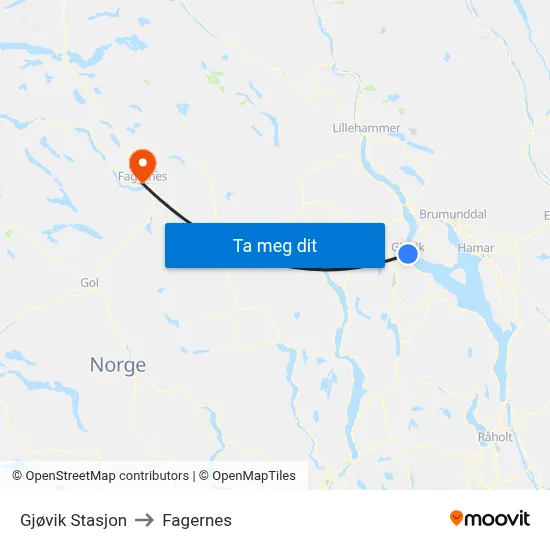 Gjøvik Stasjon to Fagernes map