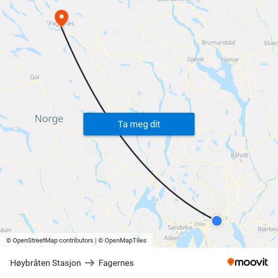 Høybråten Stasjon to Fagernes map