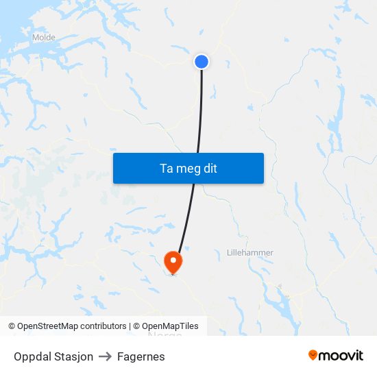 Oppdal Stasjon to Fagernes map