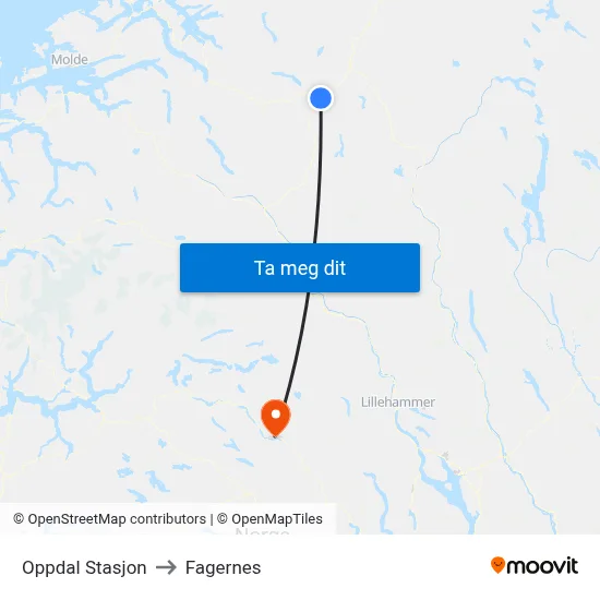 Oppdal Stasjon to Fagernes map