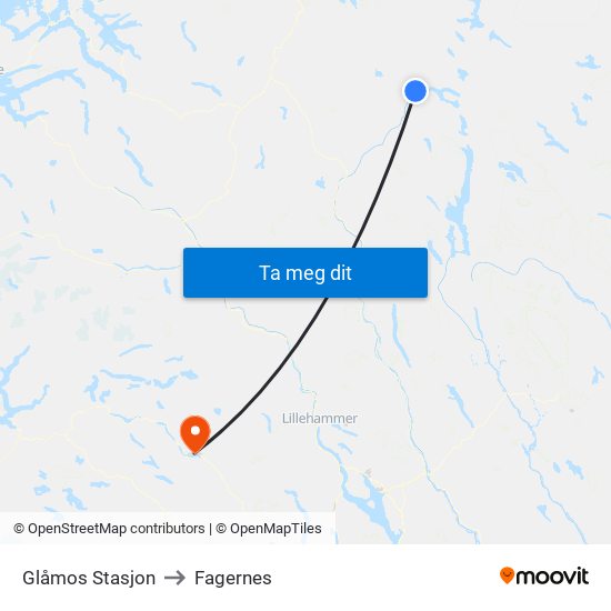 Glåmos Stasjon to Fagernes map