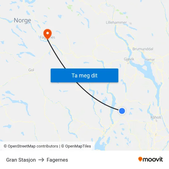 Gran Stasjon to Fagernes map
