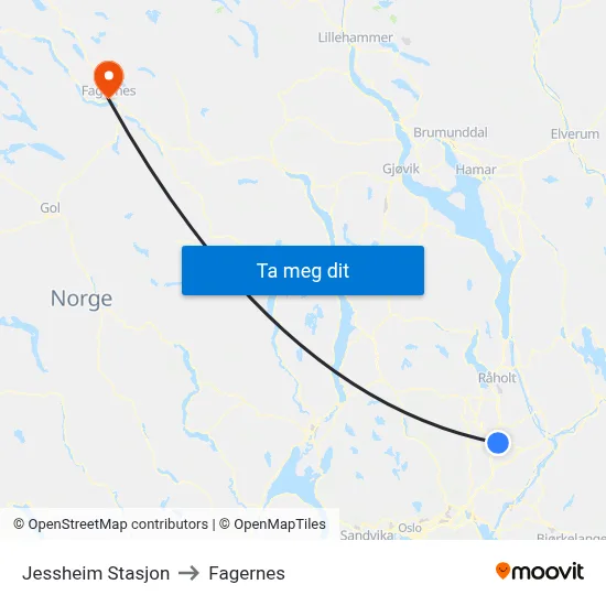 Jessheim Stasjon to Fagernes map