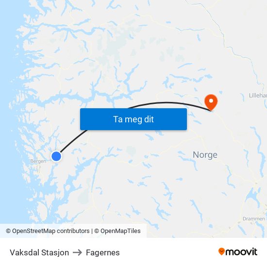 Vaksdal Stasjon to Fagernes map