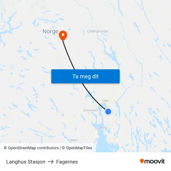 Langhus Stasjon to Fagernes map