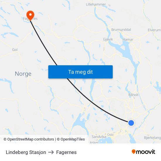Lindeberg Stasjon to Fagernes map