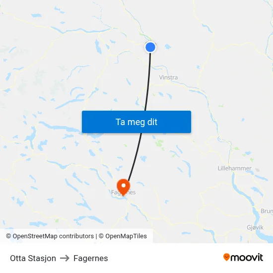 Otta Stasjon to Fagernes map