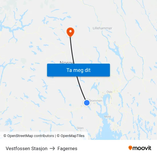 Vestfossen Stasjon to Fagernes map