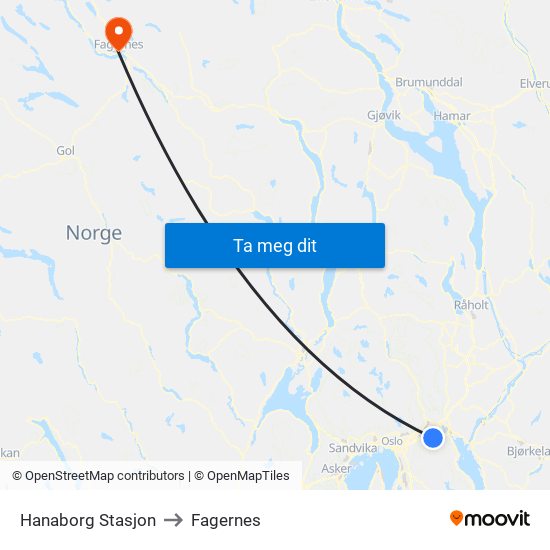 Hanaborg Stasjon to Fagernes map