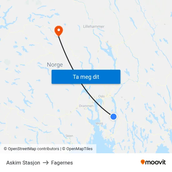 Askim Stasjon to Fagernes map