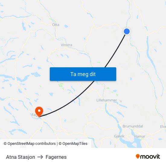 Atna Stasjon to Fagernes map