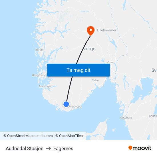 Audnedal Stasjon to Fagernes map