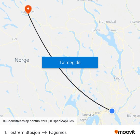 Lillestrøm Stasjon to Fagernes map
