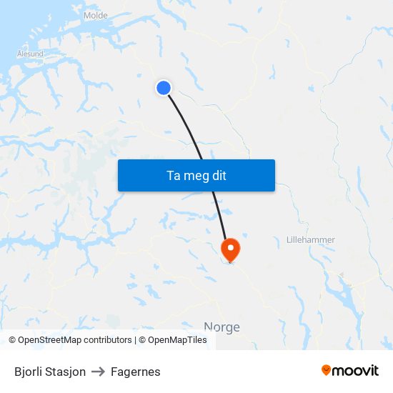 Bjorli Stasjon to Fagernes map